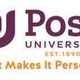 Post University logo with purple text, orange slogan 'Post Makes It Personal', and orange emblem (EST.1890).