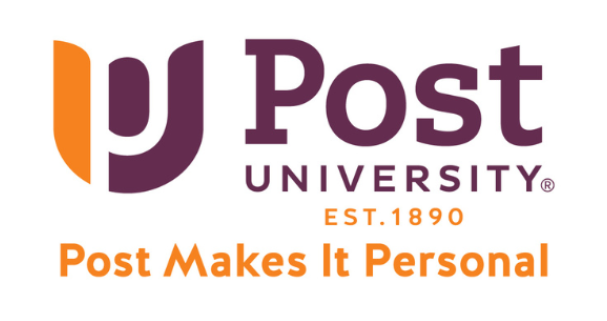 Post University logo with purple text, orange slogan 'Post Makes It Personal', and orange emblem (EST.1890).