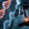Microscope focused on a slide with a glowing DNA double helix in the blue-lit lab background, suggesting genetic research.