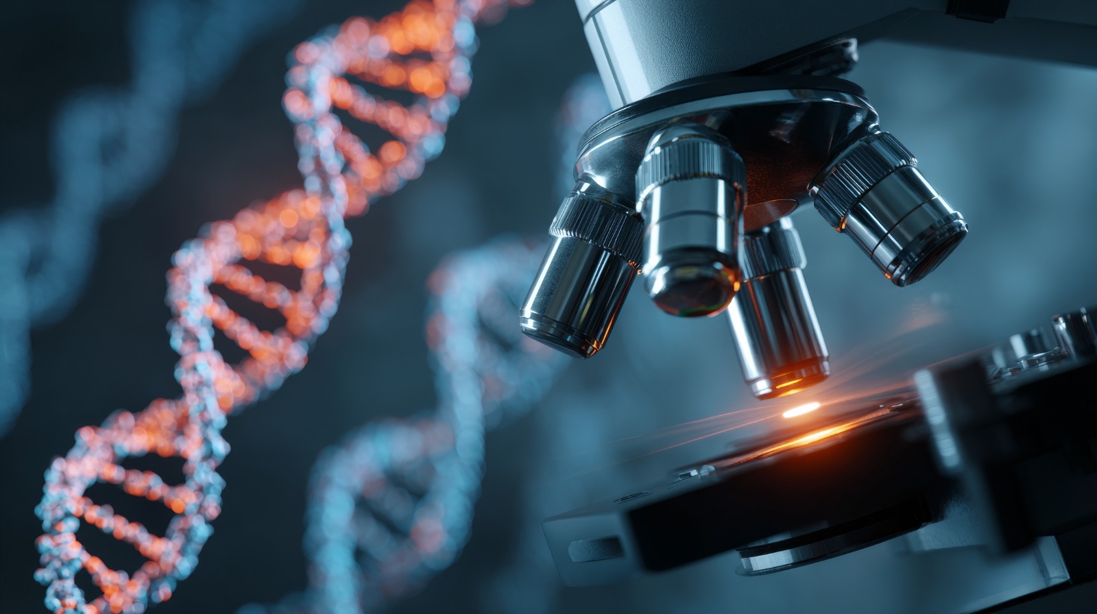 Microscope focused on a slide with a glowing DNA double helix in the blue-lit lab background, suggesting genetic research.