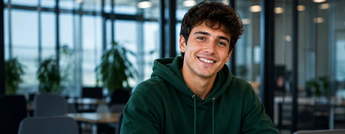 Smiling young man in a green hoodie sits in a bright, modern office space with glass walls and plants in the background.