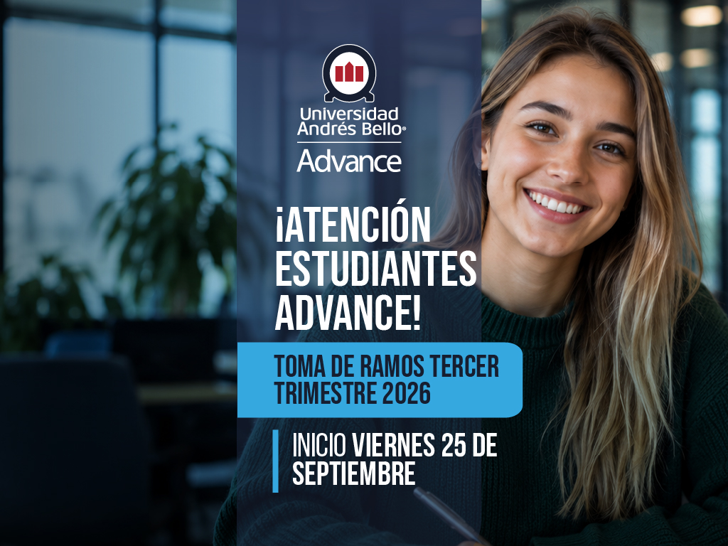 Banner for Universidad Andrés Bello Advance announcing exam enrollment for Toma de Ramos, Tercer Trimestre 2026, starting Friday September 25, with a smiling woman on the right.