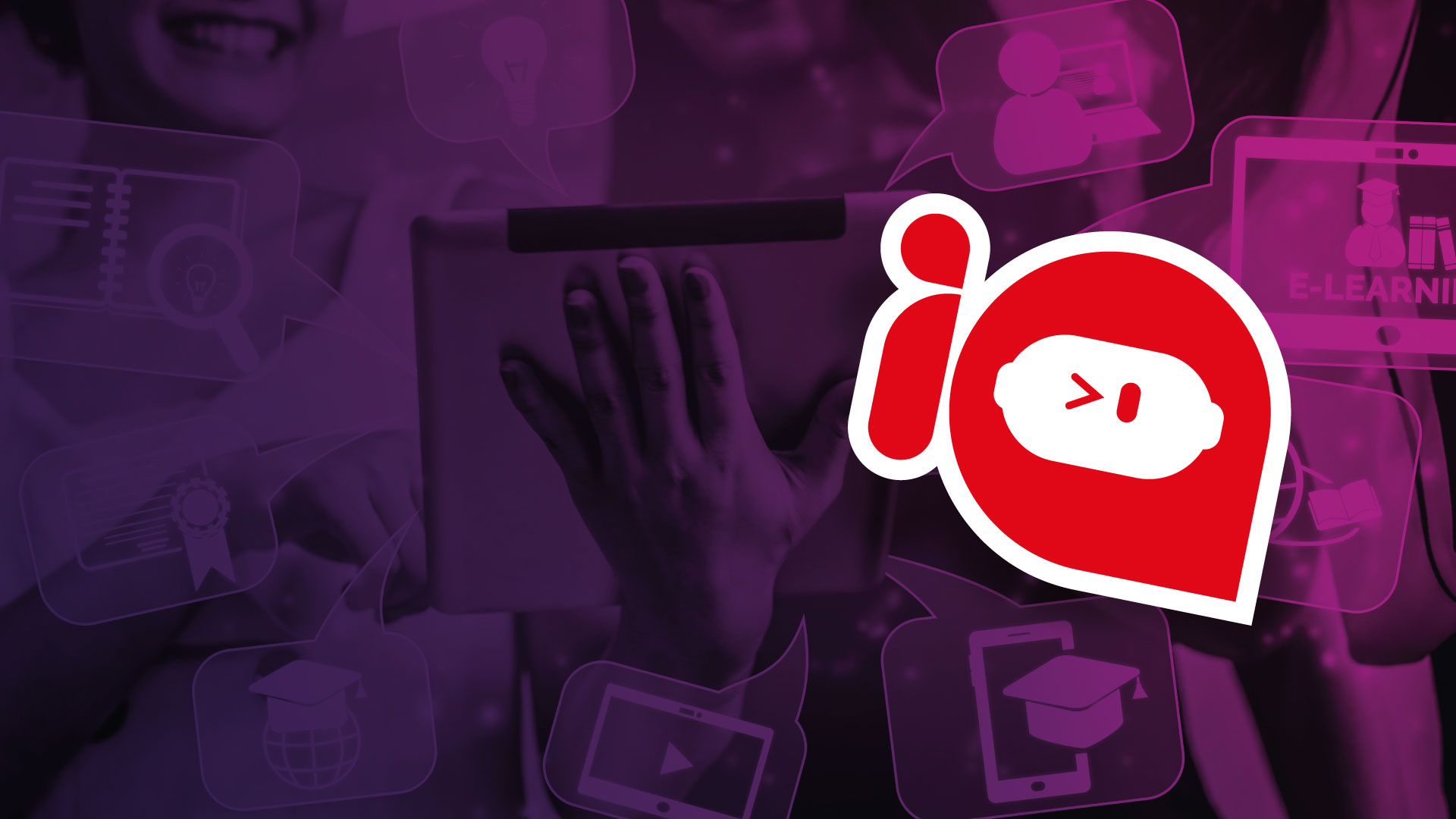 Heart-themed logo overlapping a person using a tablet, conveying digital learning and care/dedication in e-learning.
